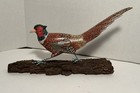 Beautiful Hand Carved Painted Ringnecked Pheasant Bird On Bark Wood 10 l Vintage