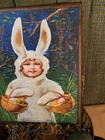 Primitive Antique Vintage Folk Art Style Easter Girl Bunny Rabbit Costume Sign