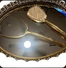 Vintage 3 Pc Filigree Vanity Set Perfume Tray Hand Mirror   Hair Brush Gold Tone