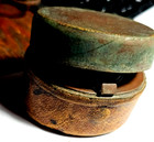 Antique 1800 s Traveling Inkwell Leather   Brass W glass Well
