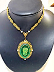W Germany Green Glass Iridescent Cameo Necklace Clip Earrings Filigree Jewelry