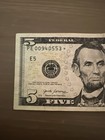 2017  5 Federal Reserve Note Error Bill Serial Pe00940553 Low Serial Number        