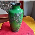 Rare Antique Cloisonne Vase Green Enamel Bronze Line Japan Floral Vintage 1900s