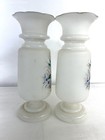 Pair Of Antique Bristol Opaline Glass Vases Hand Painted Floral Design