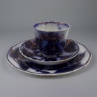 3 Pc Morning Glory Flow Blue Plate Bowl Cup Copper Luster 1850s Antique Set