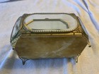 Antique French Etched Beveled Glass Square Casket Trinket Brass Jewel Box
