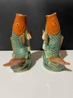 Pair Vintage Japanese Porcelain Koi Fish Vases 