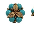 Vintage Mid-century Gold-tone Trefoil Leaf Turquoise Beads Clip-on Stud Earrings
