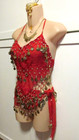 Belly Dance 4 Pc Red Gold Costume- Gold Coin Tie Top   Hip Scarf   Jewelry- S xs