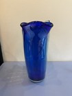 Beautiful Large Vtg Cobalt Blue   Aqua Blue Ruffled Rim Art Glass Vase 15 h