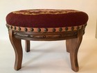 Vintage Wood Foot Stool Oval Victorian Style Needlepoint Flowers Burgundy
