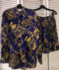 Adrienne Vittadini Sport Vintage Royal Blue   Gold Silk Blouse   Skirt Set   L s