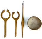 Antique Spinning Tool Lot Wooden Distaffs Grinding Bowl Textile Spindle