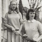 Vintage Snapshot Photo Two Women Sweaters Skirts Thick Glasses 1940s Vernacular