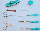 1929 Art Deco Asprey London Sterling Silver   Teal Enamel Manicure Set - Cased