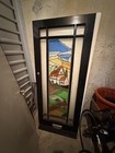 Vintage Entry Door With Unique Custom Stained Glass Cottage Scene