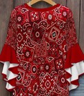 2xl Red Paisley Bohemian Tunic Blouse With Ruffle Bell Long Sleeves For Women