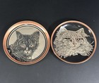 Vintage Cat Lovers Copper Plate Lot Of 2 Wall Art Decor Black Cat Fluffy Cat