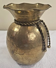 Vintage Brass Vase Made In India Hammered Metal Rope Detail Rustic Decor 8 
