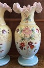 Antique Matching Pair Of 9 5    Bristol Vases With Hand Painted Floral Design