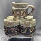 Vtg Tea Cups Golden Horse Double Wall Heart Japanese 4 Cup 1 Creamer Crazing