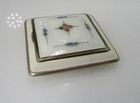 Vintage La Mode White Pink Rosebud Guilloche Enamel Small Powder Compact Vanity