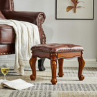 Small Footstool Brown Leather Ottoman  Vintage Carved Upholstered Footrest  Rubb