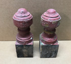Antique Pair Shabby Turned Wood Porch Red Finials Decorative Old Vtg 1083-26b