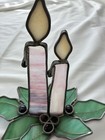 Christmas Candles Holiday Tabletop Stained Glass Art Piece Decor Pink  Silver