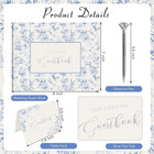Blue Floral Wedding Guest Book Hardcover With Pen - 9x7 Inch 144 Pages Sign In B