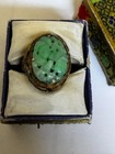 Vintage Chinese Export Filigree Vermeil Silver Carved Jade Adjustable Ring