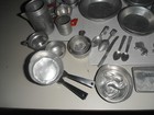 Vintage Lot Children s Play Kitchen Pots Pans Bakeware Toys Aluminum Tin 74 Pc