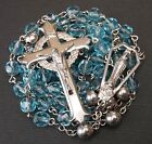 Vintage Sterling Silver Rosary Crucifix Aqua Blue Faceted Glass Prayer Beads