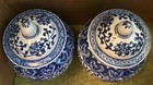 Pair Porcelain Chinese Blue White Temple Jar Vase Floral Lidded Chinoiserie