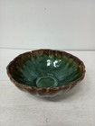 Vintage Large Hand Made Art Pottery Bowl Green Brown Drip Glazed Scalloped