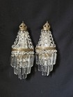 Vintage Antique Pair French Empire Brass Crystal 1 Light Sconces Wall Lights 