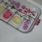 Vintage Clear Glass Divided Relish Tray With Fruit Design And Pink Handles
