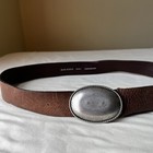 Vintage Y2k Brown Leather Belt With Silver Oval Buckle Boho Western Casual 36