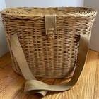 Vtg Wicker Creel Fishing Basket Lid Canvas Strap Picnic Garden Storage16x11   