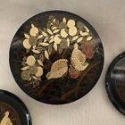 Vtg 6 Otagiri Black Laquer Coasters In Box Birds Flowers Handcrafted Japan 01
