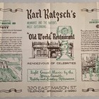 Vintage Karl Ratzschs Menu Famous 1950s Milwaukee Wisconsin Restaurant Placemat