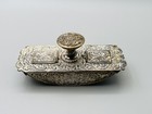 Antique Victorian Ornate Silver Plated Rocker Ink Blotter And Double Stamp Box