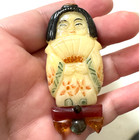 Vintage Carved Celluloid Asian Geisha Brooch 28g Large Figural Pin Early Plastic
