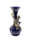 Antique French Cobalt Blue Ceramic Vase Bronze Spelter Cherub Girl W Love Heart 