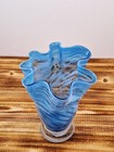 Vintage Hand Blown Art Ruffle Glass Vase Blue Swirl Fluted Vtg Mcm
