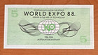Australian  World Expo  1988  5  Dollar Note Banknote Currency Ephemera Note