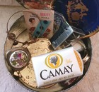 Tin Full Of Vtg Cameo   Related Items Bracelets Thimble Plate Key Perfume Camay