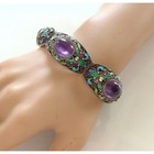 Vintage Chinese Silver Filigree Enamel Amethyst Bracelet Ring Set Jewelry ---