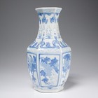 Chinese Vintage Blue White Porcelain Hexagonal Hand Painted Flower Vase 13 75 h