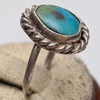 Vintage Native American Sterling Silver Turquoise Oval Rope Solitaire Ring Sz 4